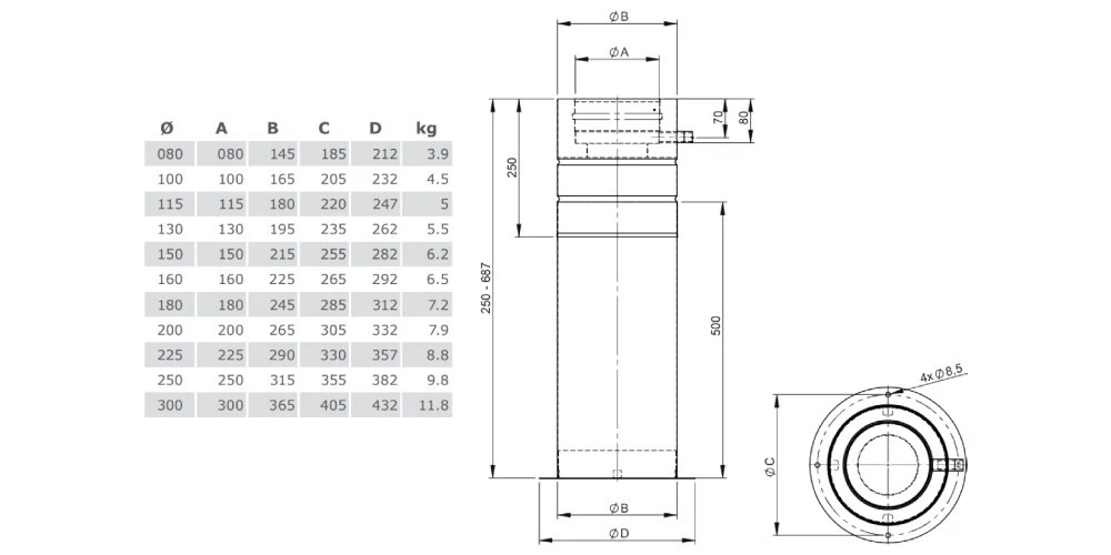 Teleskopstütze 250-690mm Mit Teleskopkopf, Kondensatablauf Seitlich Aus Kupfer - Jeremias DW-FU 2 Teleskopstütze 250-690mm Mit Teleskopkopf, Kondensatablauf Seitlich Aus Kupfer - Jeremias DW-FU – Bild 2